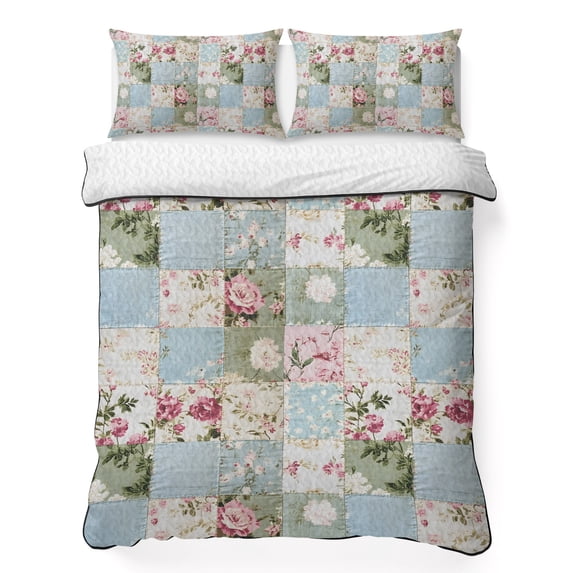 Twin XL Quilt Set 68''x98'', Green Blue Pink Botanical Lightweight Summer Bedspread Coverlet Set with 2 Pillow Shams, Spring Floral Vintage Breathable All Season Quilt Bedding for Dorm/Guest Room