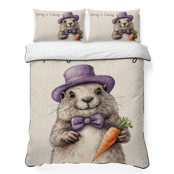 Twin XL Quilt Set 68''x98'', Happy Groundhog Day Lightweight Bedspread Coverlet Set with 2 Pillow Shams, Spring Carrot Funny Cute Animals Breathable All Season Quilt Bedding for Dorm/Guest Room