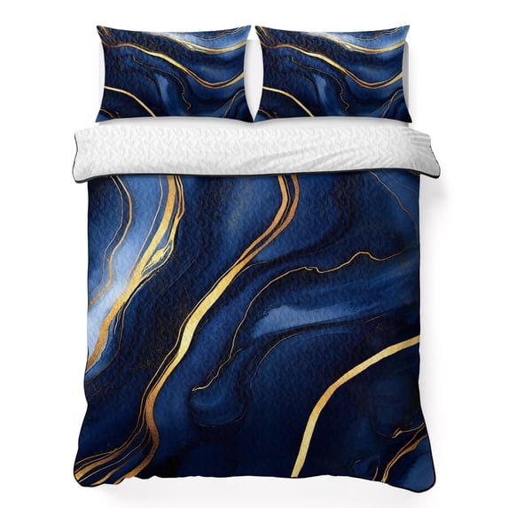 Twin XL Quilt Set 68''x98'', Marble Navy Blue Lightweight Bedspread Coverlet Set with 2 Pillow Shams, Modern Golden Ombre Retro Fluid Art Breathable All Season Quilt Bedding for Dorm/Guest Room