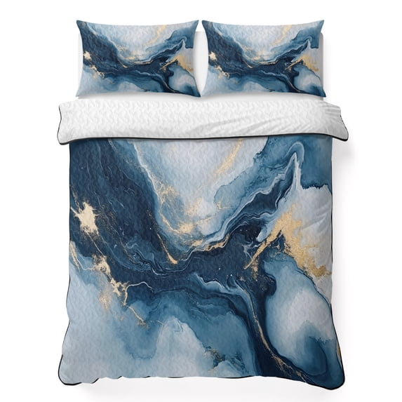 Twin XL Quilt Set 68''x98'', Navy Blue Marble Lightweight Summer Bedspread Coverlet Set with 2 Pillow Shams, Modern Abstract Ink Painting Breathable All Season Quilt Bedding for Dorm/Guest Room