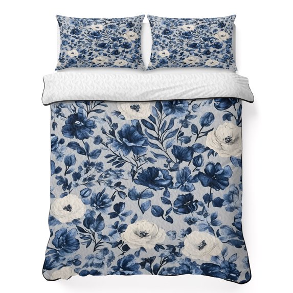 Twin XL Quilt Set 68''x98'', Navy Blue White Peony Lightweight Summer Bedspread Coverlet Set with 2 Pillow Shams, Vintage Floral Blossom Breathable All Season Quilt Bedding for Dorm/Guest Room