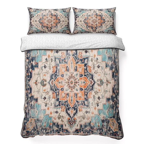 Twin XL Quilt Set 68''x98'', Orange Blue Lightweight Bedspread Coverlet Set with 2 Pillow Shams, Boho Geometric Middle Century Abstract Western Breathable All Season Quilt Bedding for Dorm/Guest Room