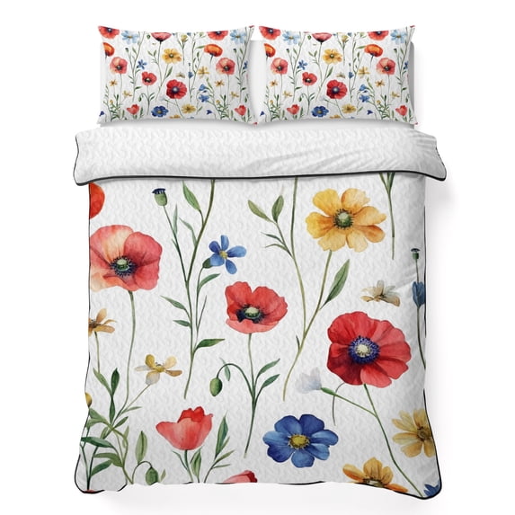 Twin XL Quilt Set 68''x98'', Pink Colorful Poppy Lightweight Summer Bedspread Coverlet Set with 2 Pillow Shams, Spring Pastoral Flowers Leaves Breathable All Season Quilt Bedding for Dorm/Guest Room