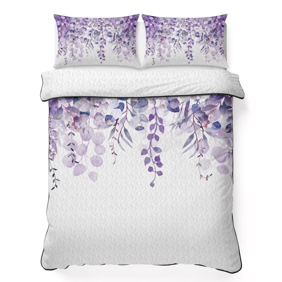 Twin XL Quilt Set 68''x98'', Purple Eucalyptus Leaves Lightweight Bedspread Coverlet Set with 2 Pillow Shams, Spring Floral Summer Botanical Breathable All Season Quilt Bedding for Dorm/Guest Room