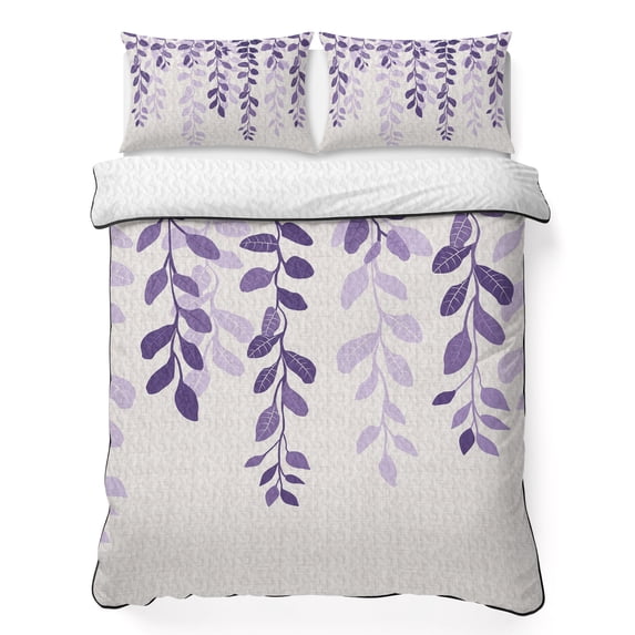 Twin XL Quilt Set 68''x98'', Purple Ombre Botanical Lightweight Bedspread Coverlet Set with 2 Pillow Shams, Watercolor Pastoral Leaf Farmhouse Breathable All Season Quilt Bedding for Dorm/Guest Room