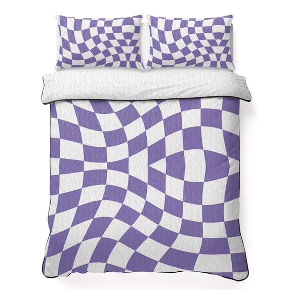 Twin XL Quilt Set 68''x98'', Purple White Checkered Lightweight Summer Bedspread Coverlet Set with 2 Pillow Shams, Modern Irregular Geometric Breathable All Season Quilt Bedding for Dorm/Guest Room