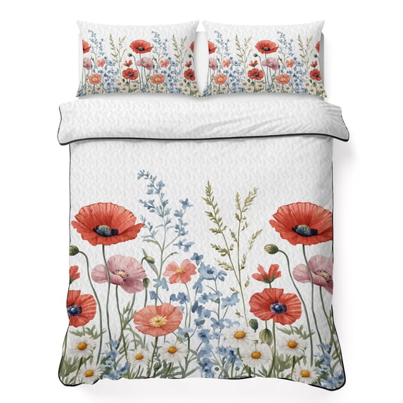 Twin XL Quilt Set 68''x98'', Red Flower Lightweight Bedspread Coverlet Set with 2 Pillow Shams, Botanical Blue Plant Pink Garden Poppy Floral Breathable All Season Quilt Bedding for Dorm/Guest Room