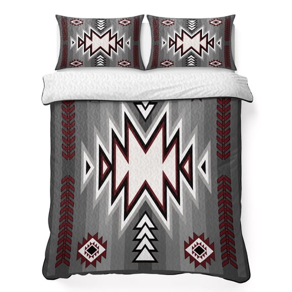 Twin XL Quilt Set 68''x98'', Red Gray Lightweight Bedspread Coverlet Set with 2 Pillow Shams, Southwest Retro Ethnic AztecTexture Bohemian Breathable All Season Quilt Bedding for Dorm/Guest Room