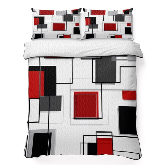 Twin XL Quilt Set 68''x98'', Red Grey Black Lightweight Summer Bedspread Coverlet Set with 2 Pillow Shams, Irregular Geometric Modern Abstract Breathable All Season Quilt Bedding for Dorm/Guest Room