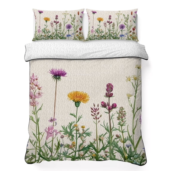 Twin XL Quilt Set 68''x98'', Spring Flowers Lightweight Summer Bedspread Coverlet Set with 2 Pillow Shams, Wild Floral Herb Botanical Breathable All Season Quilt Bedding for Dorm/Guest Room