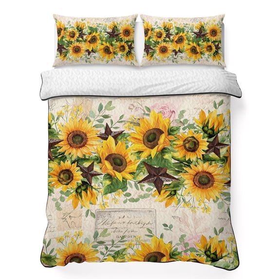 Twin XL Quilt Set 68''x98'', Sunflower Lightweight Bedspread Coverlet Set with 2 Pillow Shams, Yellow Spring Floral Summer Botanical Rustic Breathable All Season Quilt Bedding for Dorm/Guest Room