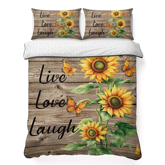Twin XL Quilt Set 68''x98'', Sunflower Rustic Lightweight Summer Bedspread Coverlet Set with 2 Pillow Shams, Vintage Wooden Flowers Butterfly Breathable All Season Quilt Bedding for Dorm/Guest Room