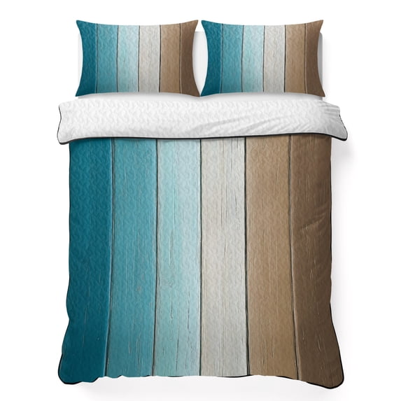 Twin XL Quilt Set 68''x98'', Teal Brown Ombre Lightweight Summer Bedspread Coverlet Set with 2 Pillow Shams, Vintage Country Wooden Breathable All Season Quilt Bedding for Dorm/Guest Room