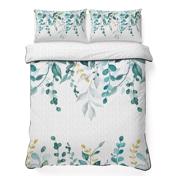 Twin XL Quilt Set 68''x98'', Teal Eucalyptus Lightweight Summer Bedspread Coverlet Set with 2 Pillow Shams, Watercolor Spring Weeping Botanical Breathable All Season Quilt Bedding for Dorm/Guest Room