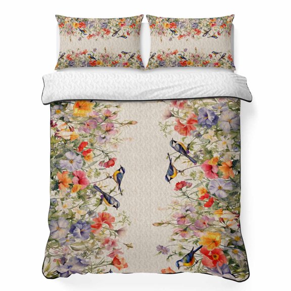 Twin XL Quilt Set 68''x98'', Vintage Flowers Lightweight Bedspread Coverlet Set with 2 Pillow Shams, Spring Floral Botanical Rustic Pastoral Breathable All Season Quilt Bedding for Dorm/Guest Room