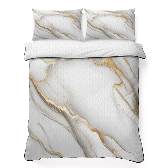 Twin XL Quilt Set 68''x98'', White Golden Marble Lightweight Summer Bedspread Coverlet Set with 2 Pillow Shams, Modern Abstract Art Marble Flow Breathable All Season Quilt Bedding for Dorm/Guest Room