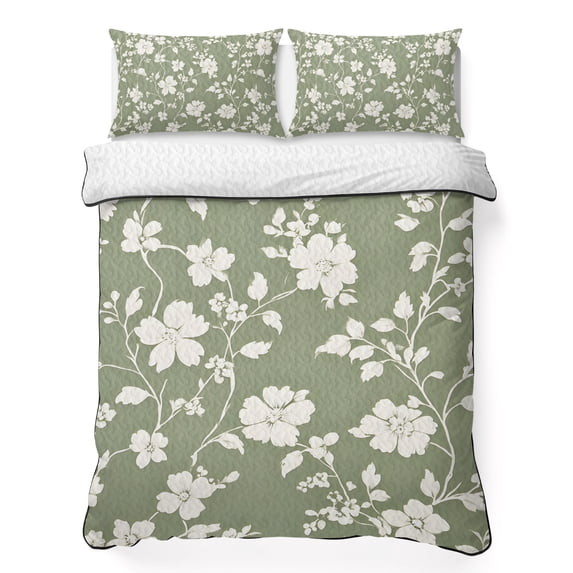 Twin XL Quilt Set 68''x98'', White Spring Floral Lightweight Bedspread Coverlet Set with 2 Pillow Shams, Summer Flowers Sage Green Pastoral Breathable All Season Quilt Bedding for Dorm/Guest Room