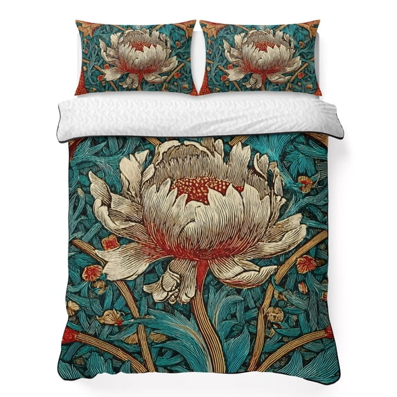 Twin XL Quilt Set 68''x98'', William Morris Plant Floral Lightweight Bedspread Coverlet Set with 2 Pillow Shams, Retro Lotus Flower Leaves Breathable All Season Quilt Bedding for Dorm/Guest Room
