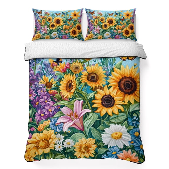 Twin XL Quilt Set 68''x98'', Yellow Sunflower Lightweight Bedspread Coverlet Set with 2 Pillow Shams, Wildflower Daisy Country Farm Pastoral Breathable All Season Quilt Bedding for Dorm/Guest Room