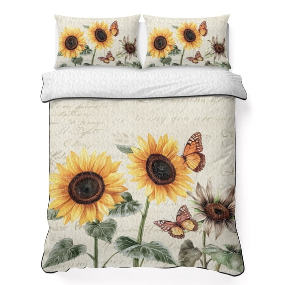 Twin XL Quilt Set 68''x98'', Yellow Sunflowers Lightweight Summer Bedspread Coverlet Set with 2 Pillow Shams, Floral in Blooms Pastoral Plants Breathable All Season Quilt Bedding for Dorm/Guest Room