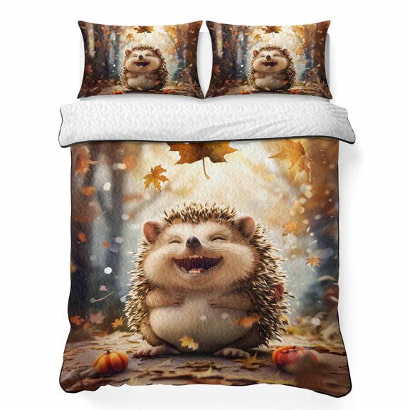 Twin XL Quilt Set, Cartoon Hedgehog Autumn Maple Leaves Pumpkin Lightweight Quilt Sets Summer Comforter Coverlets with 2 Pillow Shams, Forest Breathable 3 Piece Bedding Set for All Seasons