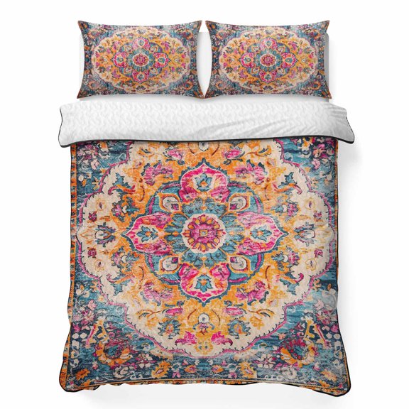 Twin XL Quilt Set, Retro Medieval Turkish Tattoos Lightweight Quilt Sets Summer Comforter Coverlets with 2 Pillow Shams, Classic Boho Pattern Breathable 3 Piece Bedding Set for All Seasons