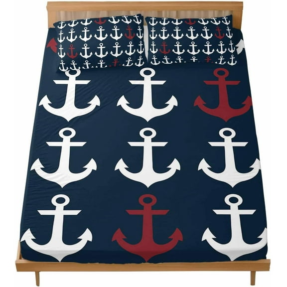 Twin XL Sheet Set Nautical Theme Anchor Bed Sheets Set with 16 Inch Deep Pockets Navy Red Soft Luxury Hotel Bedding Sheets with Elastic Corner Straps for All Season