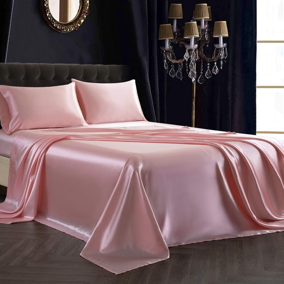 Twin XL Sheets Set 3 Pieces, Blush Pink Satin Sheets, Ultra Soft Silky Bedding Set, Extra Long Deep Pocket 15 Inch Bed Sheets for College Dorm, Hair Skin Friendly, Machine Washable