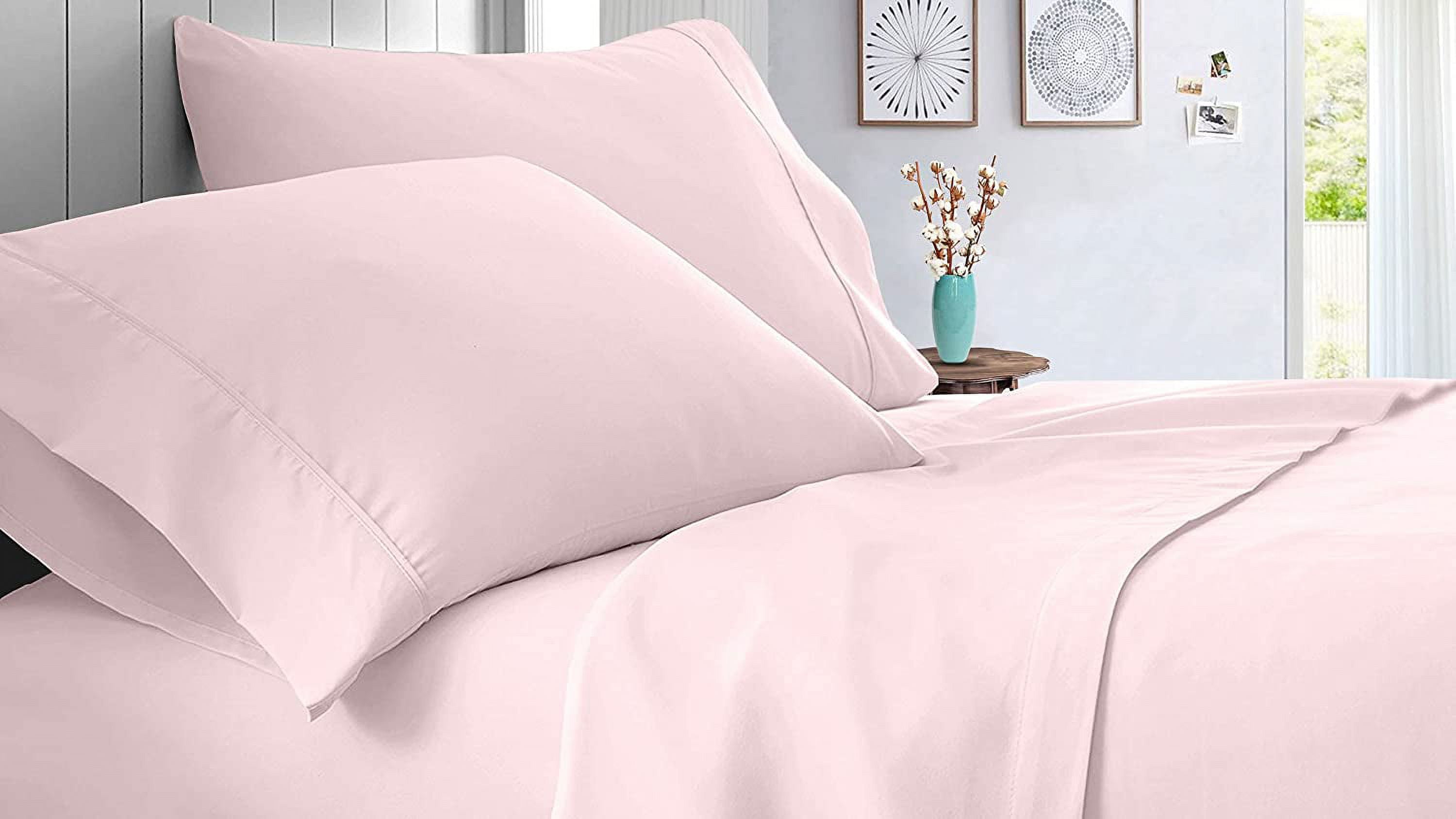 Twin-XL Size 100% Egyptian Cotton 5 Piece Bedding, Luxury Sheet Set with 12 Inch Deep Pocket - 400TC Comfortable & Machine Washable Sheets - Pink Solid.
