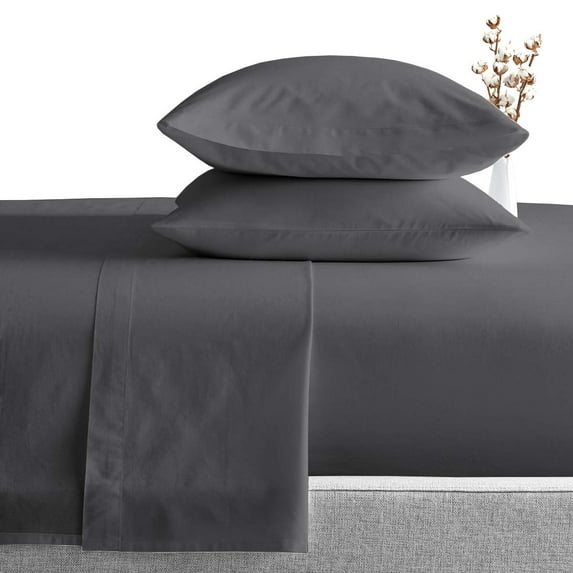 Twin-XL Size 7 Piece Bedding Sheet Set, Includes 1 Flat Sheet, 1 Fitted Sheet 30" Deep Pocket, 1 Zippered Duvet Cover and 4 Pillowcases - Ultra Soft 600TC Egyptian Cotton - Dark grey Solid.