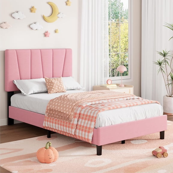 Twin XL Size Bed Frame with Headboard Adjustable, Linen Upholstered Twin Platform Bed with Headboard, Mattress Foundation with Wooden Slats, No Box Spring Needed, Easy Assembly, Pink