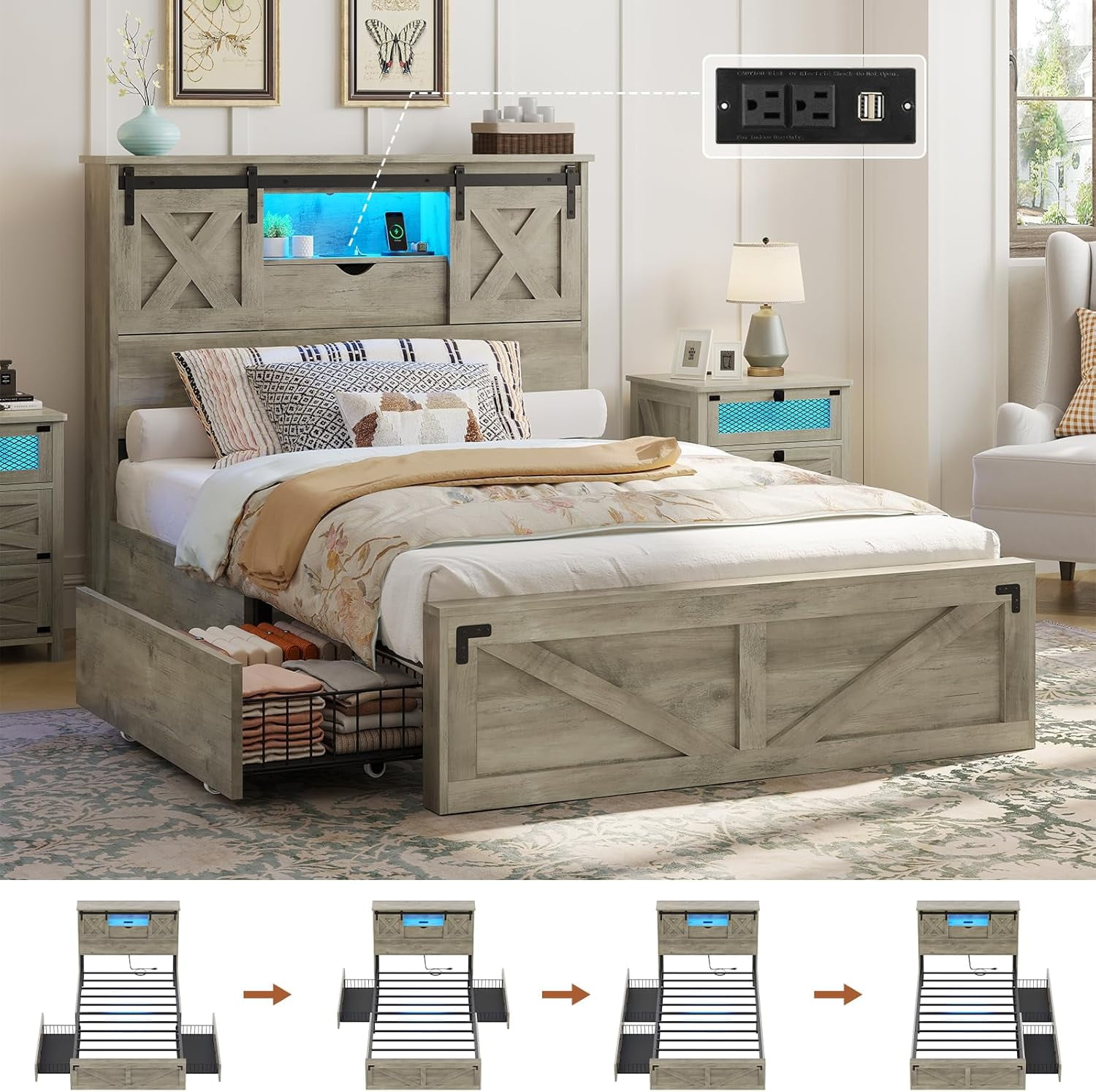 Twin XL Size Bed Frame with Headboard and Drawers, Farmhouse Twin XL Platform Bed Frame with LED Lights and Charging Station, No Box Spring Needed,Gray