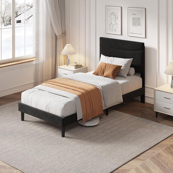 Twin XL Size Bed Frame with Headboard, Velvet Upholstered Platform Bed Frame No Box Spring Needed with Under-Bed Storage and Strong Wood Slats Support, Noise Free, Easy Assembly, Black