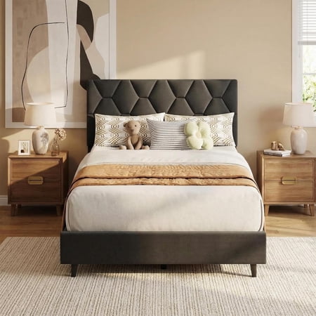 Twin-XL Size Bed Frame, Platform Bed Frame with Upholstered Adjustable Headboard, Mattress Foundation with Strong Wooden Slats Support, No Box Spring Needed, Noise Free, Easy Assembly, Gray
