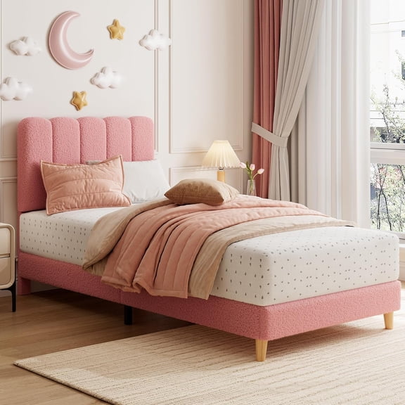 Twin XL Size Bed Frame for /, Boucle Upholstered Platform Bed with Wave Headboard, Wooden Slats Support, No Box Spring Needed, Easy Assembly