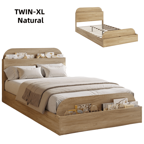 Twin XL Size Bed Frame with Storage Headboard and Raised-Foodboard, Floor Low Platform Bed for Bedroom, Natural