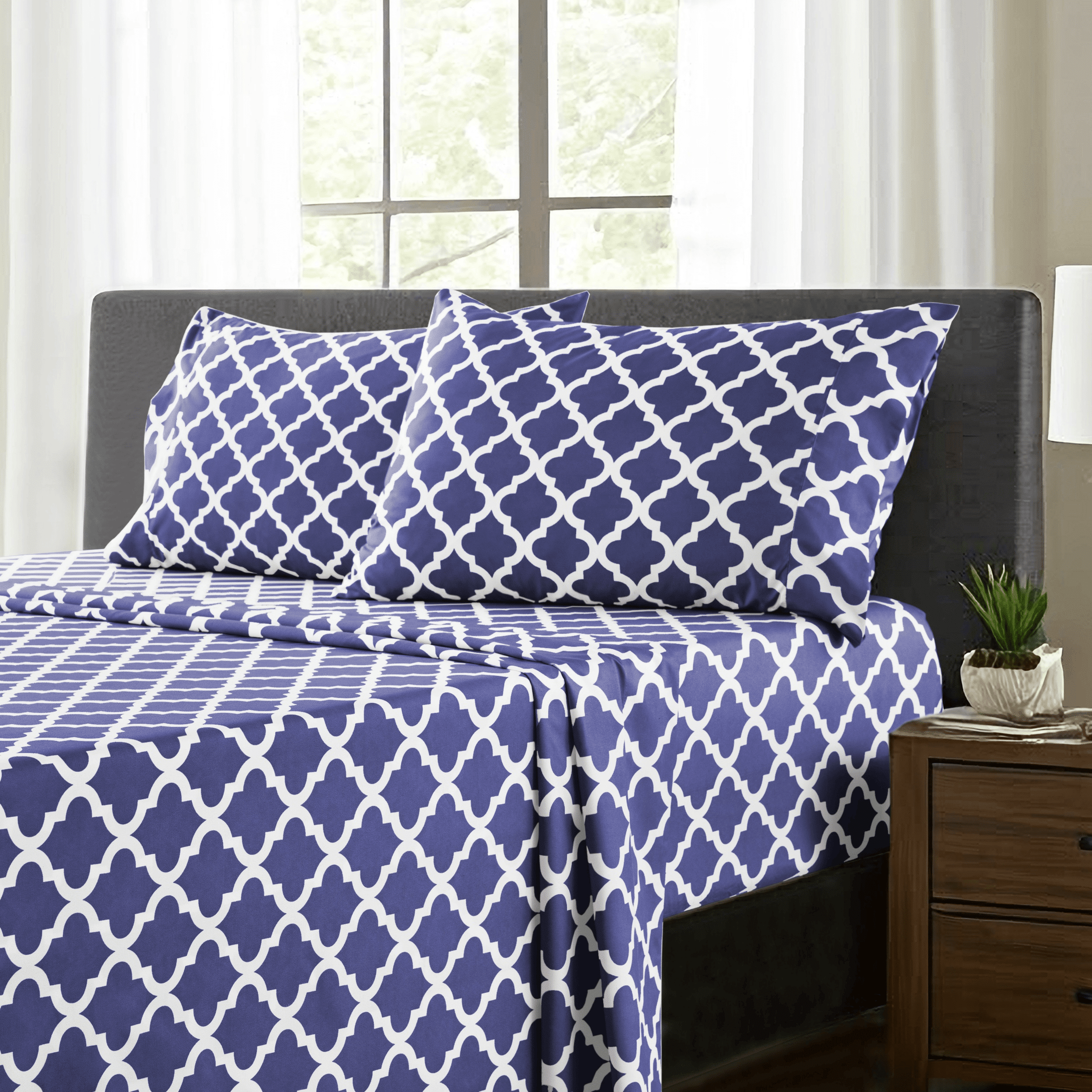Navy Blue Quatrefoil Print Twin XL Microfiber Sheet Set