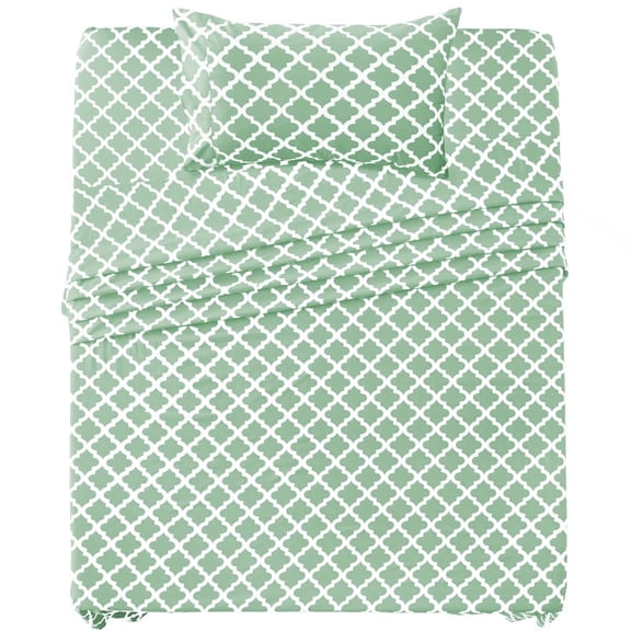 Lux Decor Twin-XL Bed Sheet Set 3 Piece, Soft Microfiber, Deep Pockets - Quatrefoil Pattern, 1 Fitted & 1 Flat Sheet, 1 Pillowcase, Green