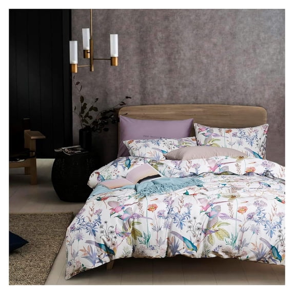 Twin XL Size Comforter Set, 3 Pieces Vibrant Colors Botanical Floral Fluffy Bedding Set, Garden Style Purple Flower Pattern Comforter with 2 Pillowcases for All Seasons-Twin XL Size