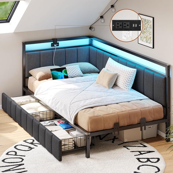 Twin XL Size Corner Bed Frame with 2 Storage Drawers & Charging Station & LED Lights, Twin XL Upholstered Platform Bed Frame Daybed for Bedroom, Gray