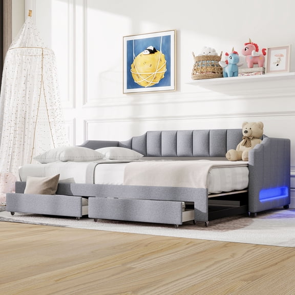 Twin XL Size Extendable Upholstered Daybed with 2 Drawers and LED Light, Extendable to King Size, Gray