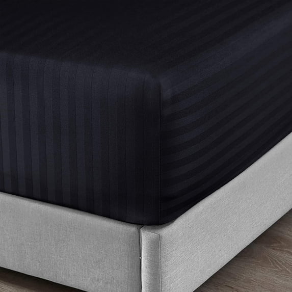 Twin-XL Size Fitted Sheet 1 Piece - 400 Thread Count - 100% Egyptian Cotton - 30" Deep Pocket Fully Elastic Sheet - Black Stripe.