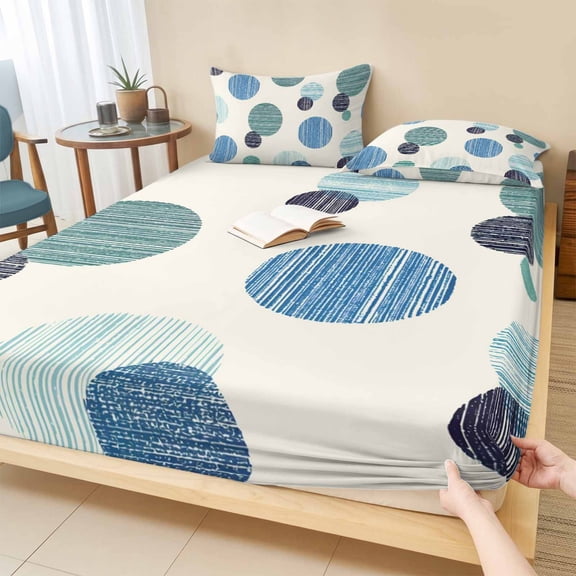 Twin XL Size Fitted Sheet Set - Abstract Geometric 2 Piece Bedding Sets 16" Deep Pocket Fitted Sheet with 1 Pillowcases, Farmhouse Vintage Polka Dot Teal Blue Brushed Microfiber Hotel Bed Sheets