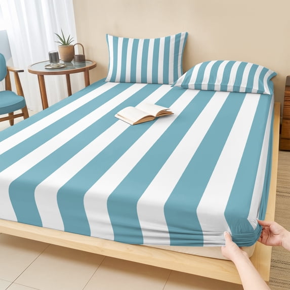 Twin XL Size Fitted Sheet Set - Aqua Striped 2 Piece Bedding Sets 16" Deep Pocket Fitted Sheet with 1 Pillowcases, Modern Farmhouse Blue White Stripes Brushed Microfiber Hotel Luxury Bed Sheets