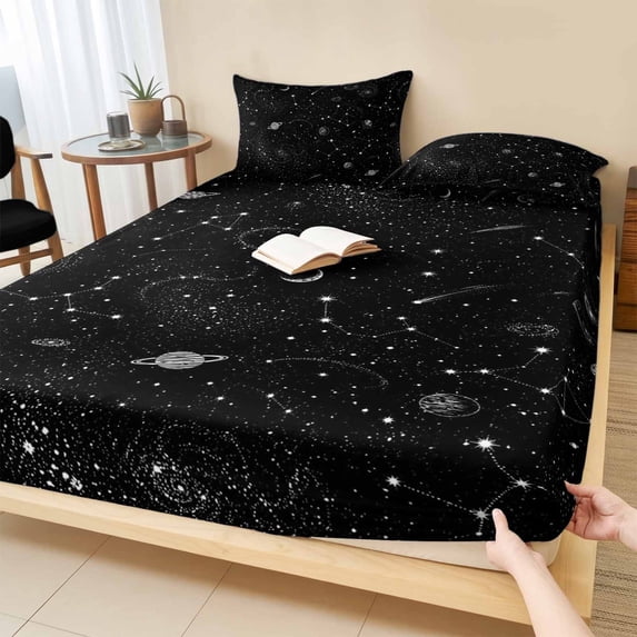 Twin XL Size Fitted Sheet Set - Black Cosmic 2 Piece Bedding Sets 16" Deep Pocket Fitted Sheet with 1 Pillowcases, Mystical Grey Planet Universe Abstract Brushed Microfiber Hotel Luxury Bed Sheets