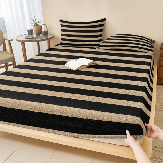 Twin XL Size Fitted Sheet Set - Black Striped 2 Piece Bedding Sets 16" Deep Pocket Fitted Sheet with 1 Pillowcases, Farmhouse Country Minimalist Tan Stripes Brushed Microfiber Hotel Luxury Bed Sheets