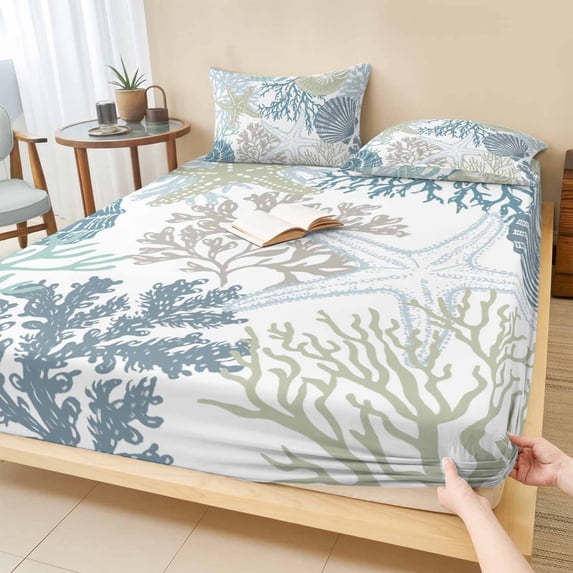 Twin XL Size Fitted Sheet Set - Blue Coral Coastal 2 Piece Bedding Sets 16" Deep Pocket Fitted Sheet with 1 Pillowcases, Summer Beach Ocean Starfish Conch Brushed Microfiber Hotel Luxury Bed Sheets