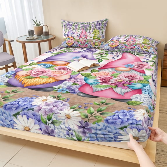 Twin XL Size Fitted Sheet Set - Blue Purple Gnomes 2 Piece Bedding Sets 16" Deep Pocket Fitted Sheet with 1 Pillowcases, Spring Hydrangea Flower Leaf Pink Plaid Brushed Microfiber Hotel Bed Sheets