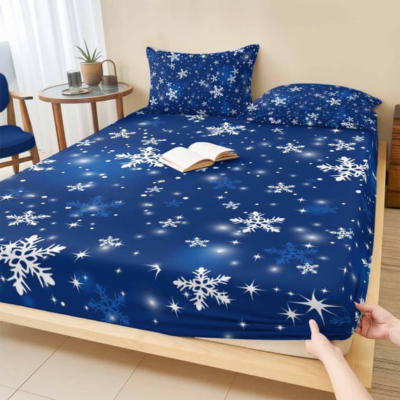 Twin XL Size Fitted Sheet Set - Blue Snowflake Christmas 2 Piece Bedding Sets 16" Deep Pocket Fitted Sheet with 1 Pillowcases, Winter Xmas Snowflake Brushed Microfiber Hotel Luxury Bed Sheets