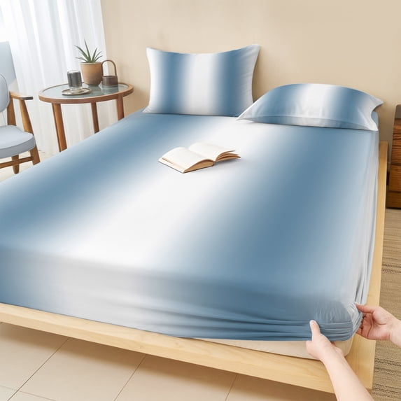Twin XL Size Fitted Sheet Set - Blue White Ombre 2 Piece Bedding Sets 16" Deep Pocket Fitted Sheet with 1 Pillowcases, Modern Abstract Art Farmhouse Gradient Brushed Microfiber Hotel Bed Sheets